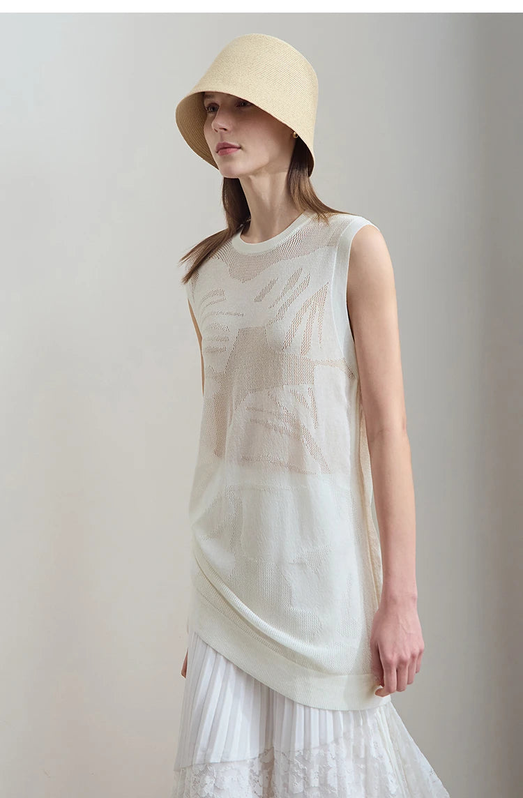 Lässiges Tanktop in Beige/Creme mit Rundhalsausschnitt, ärmellos, langem Schnitt