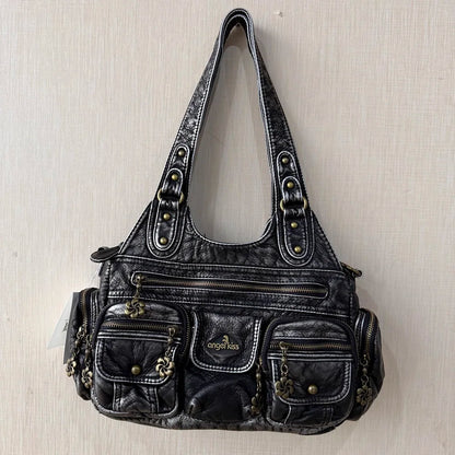 Damen-Hobo-Handtasche aus gewaschenem Leder Schwarz mit Reißverschluss und Innenfächern