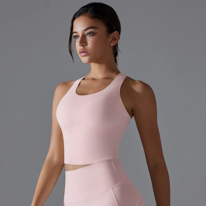 Nahtloses Yoga-Top für Damen mit Rundhalsausschnitt und breiten Trägern, hellrosa