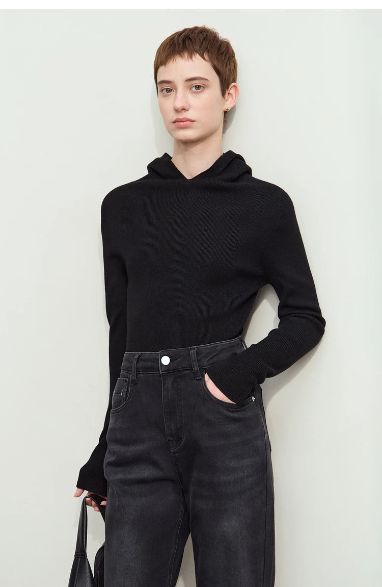 Damen-Kapuzenpullover Wolle-Polyester nahtlos gerade einfarbig Herbst