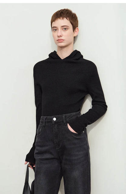 Damen-Kapuzenpullover Wolle-Polyester nahtlos gerade einfarbig Herbst