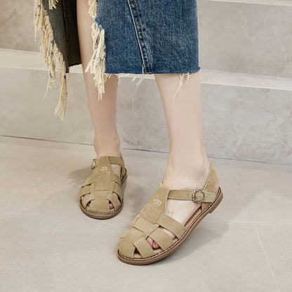 AIYUQI Flat-soled Retro Genuine Leather Hollow Baotou Sandals Women's 2025 New Hollow Pig Cage Women's Sandals