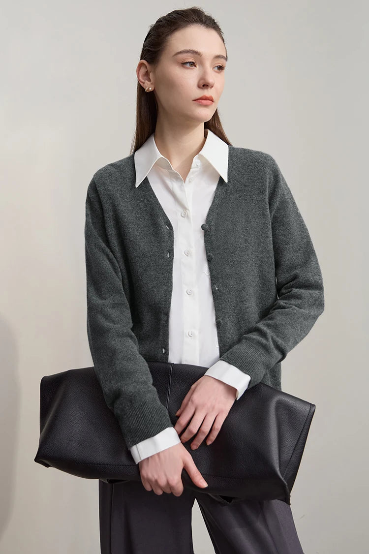 Damen-Strickjacke V-Ausschnitt Wolle lang locker Herbst-Winter