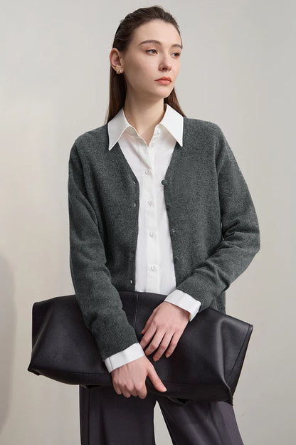 Damen-Strickjacke V-Ausschnitt Wolle lang locker Herbst-Winter