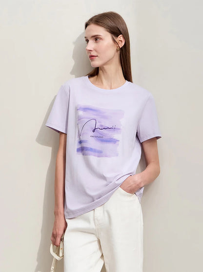 Damen T-Shirt im Minimalismus-Stil mit O-Ausschnitt und Stickerei