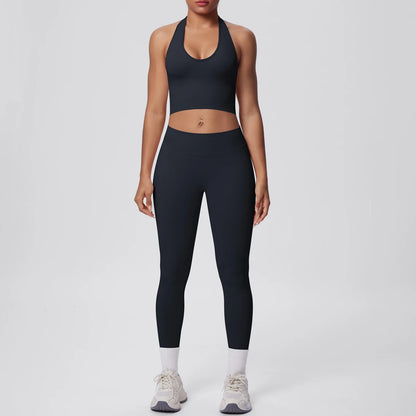 Yoga-Set für Frauen, Sport-BH und Leggings, schwarz, blickdicht, mit hellen Saumbändern.