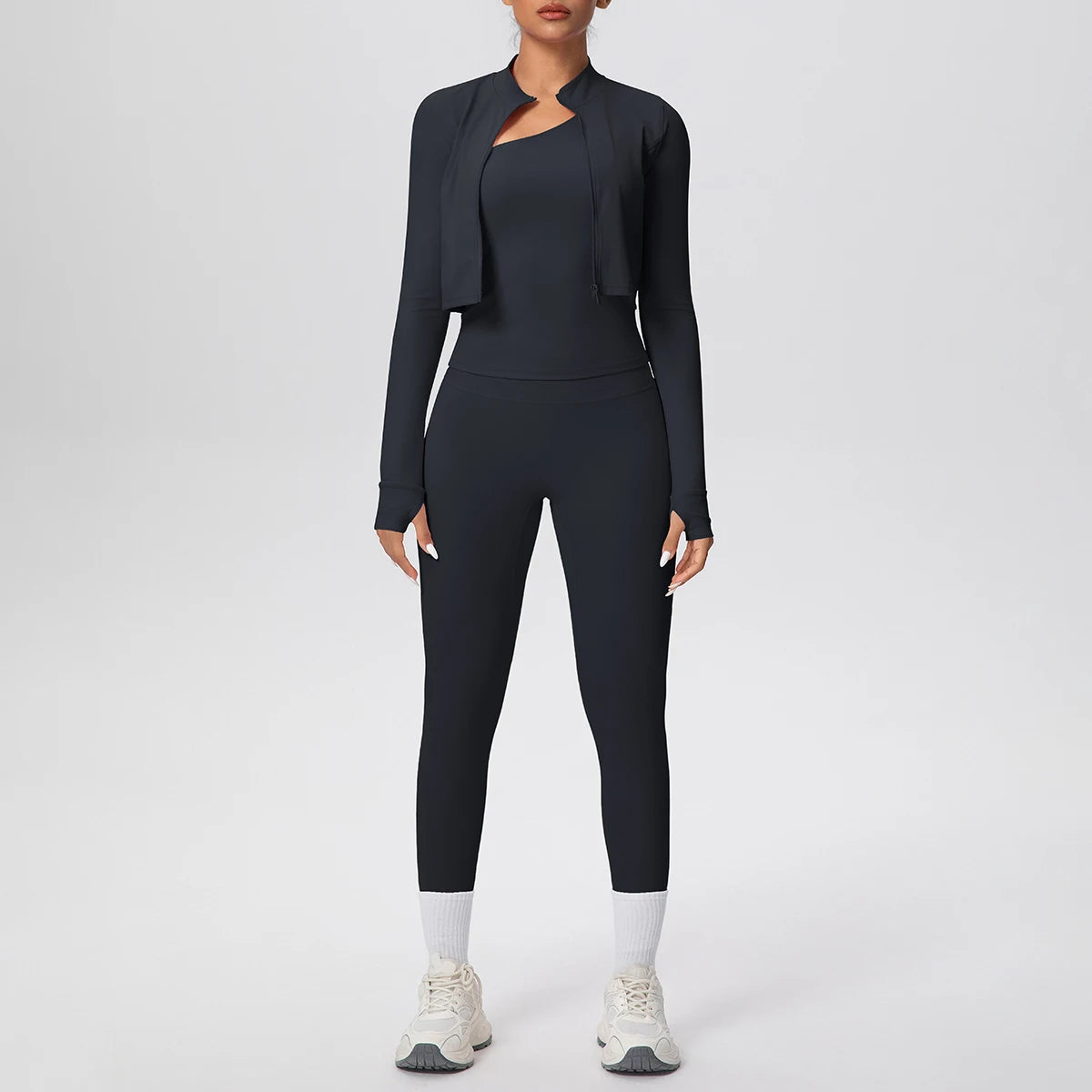 Trainingsset aus offenem Langarm-Oberteil und Leggings, dunkel, mit hellem Bündchen am Bein