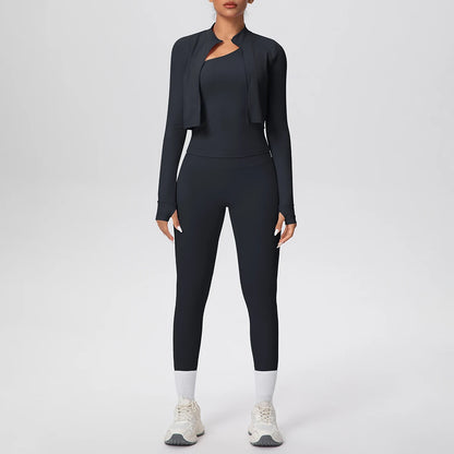 Trainingsset aus offenem Langarm-Oberteil und Leggings, dunkel, mit hellem Bündchen am Bein