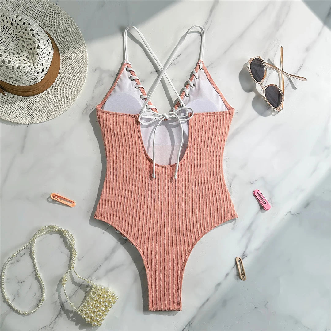 Damen Badeanzug V-Ausschnitt Rippen Kreuzrücken hoher Beinausschnitt Monokini 5 Farben