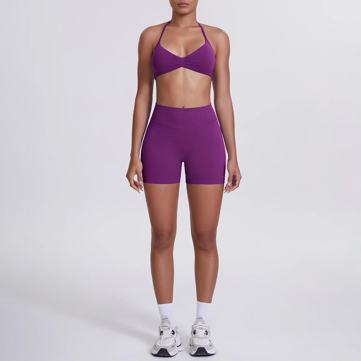 Damen-Yoga-Set: nahtloser Sport-BH und High-Waist-Shorts in Lila