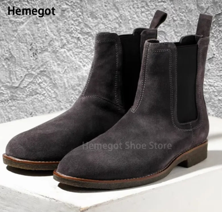 Herren-Chelsea-Boots aus Wildlederoptik, dunkelgrau, elastische Einsätze, robuste Laufsohle