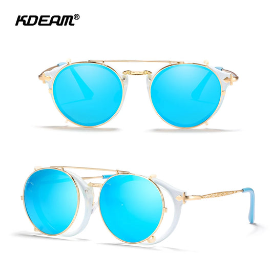 Runde Sonnenbrille mit goldfarbener Steampunk-Rundfassung und blau verspiegelten Gläsern