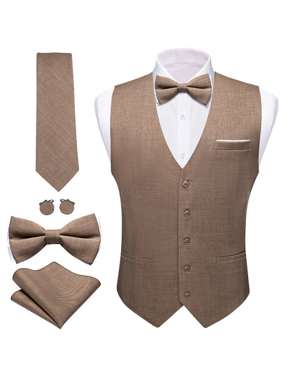 Beige Herrenweste aus Feingewirk mit V-Ausschnitt, Knopfleiste und Einstecktuch