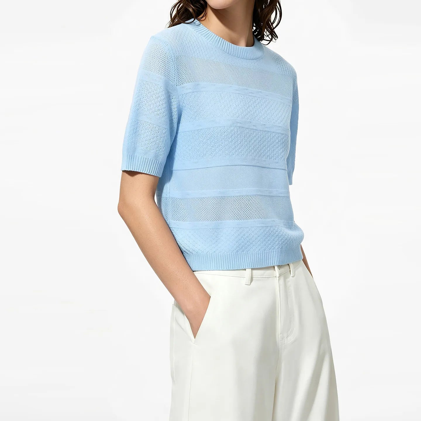 Damen-Rundhalspullover Kurzarm Crop Viskose locker Sommer