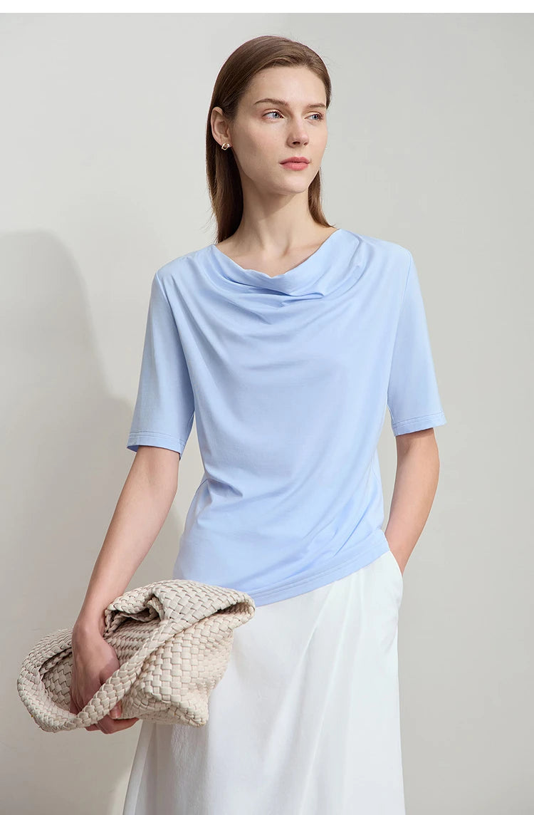 Damen T-Shirt mit drapierter Kragen- und besticktem Design aus modalem Strick