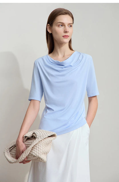 Damen T-Shirt mit drapierter Kragen- und besticktem Design aus modalem Strick