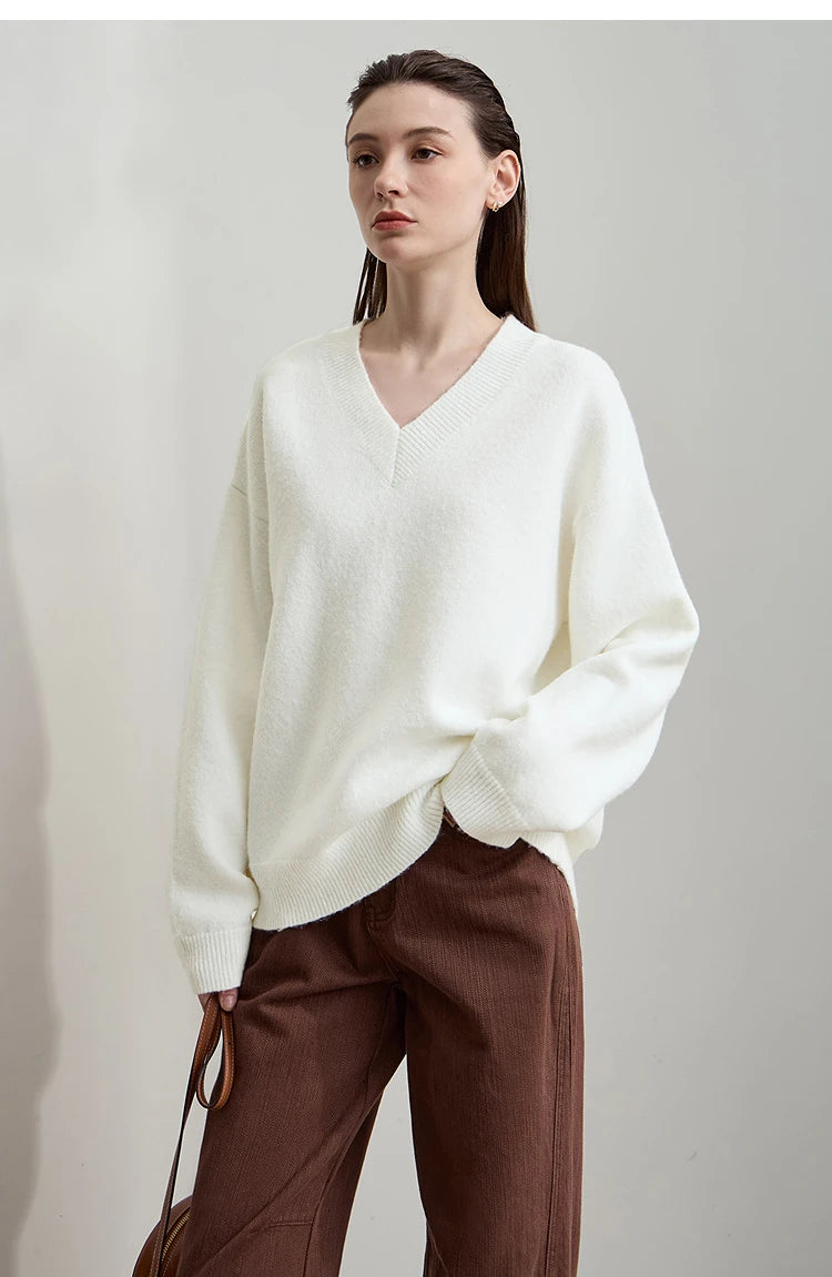 Damen V-Ausschnitt Pullover locker Raglan Wolle-Mix Herbst-Winter