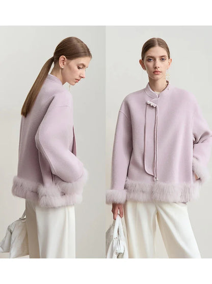 Damen Jacke im chinesischen Stil mit Perle Schnalle und Stehkragen