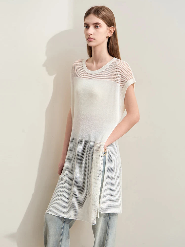 Damen-Rundhalspullover Aushöhlung Lyocell-Leinen locker lang Schlitz Herbst