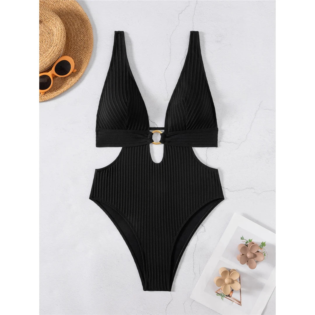 Damen Badeanzug tiefer V-Ausschnitt Cut-Out Monokini hoher Beinausschnitt 8 Farben