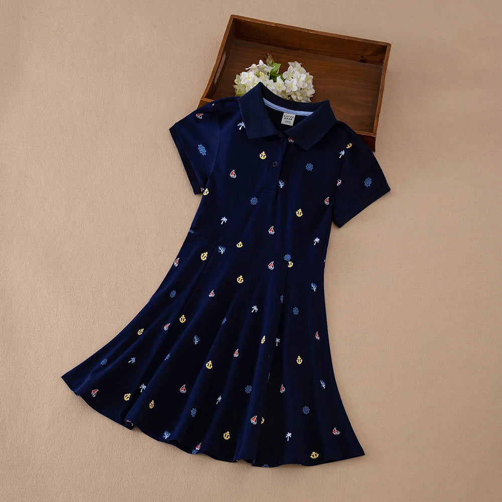 Mädchen-Polokleid mit nautischem Aufdruck, kurzärmelig, A-Linie, Freizeitkleid für Kinder, 5–12 Jahre, Kinderkleidung