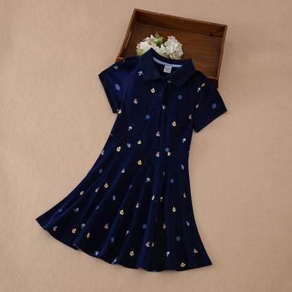 Mädchen-Polokleid mit nautischem Aufdruck, kurzärmelig, A-Linie, Freizeitkleid für Kinder, 5–12 Jahre, Kinderkleidung