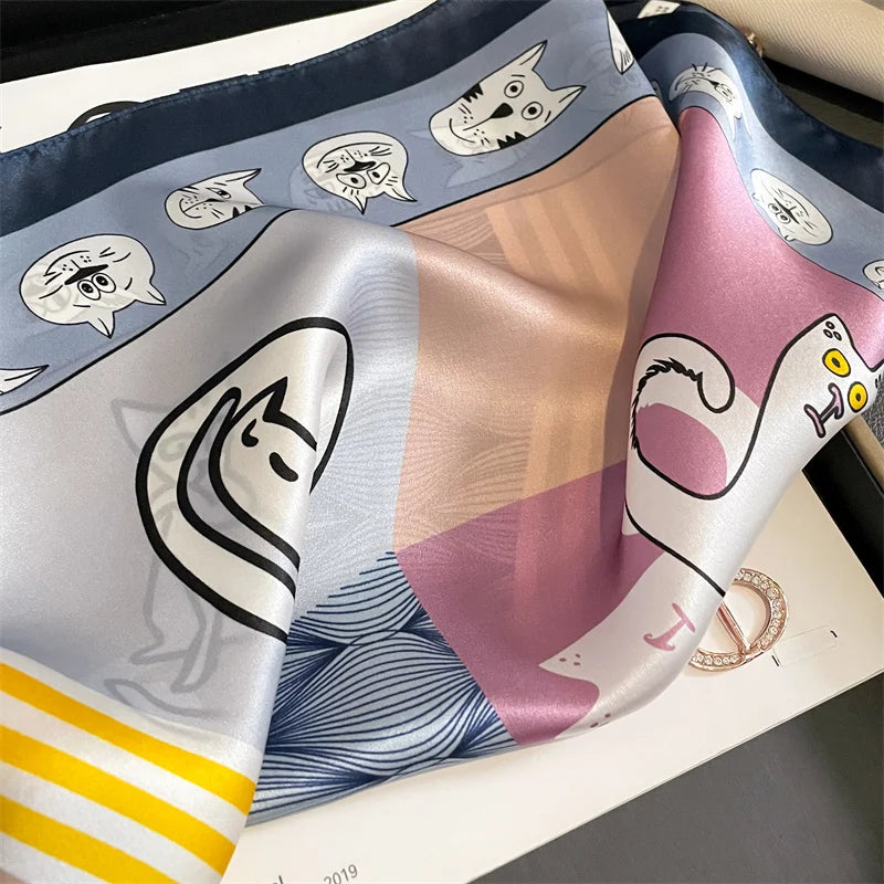 Damen Seidenschal Katzenprint quadratisch Stirnband Hijab Bandana