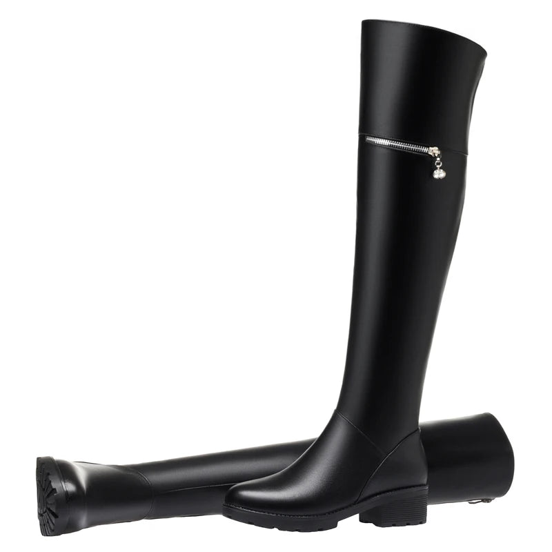AIYUQI Women's Over Knee Boots Winter Fashion Middle Heel Fur Long Boots Women Genuine Leather Rider Boots Ladies
