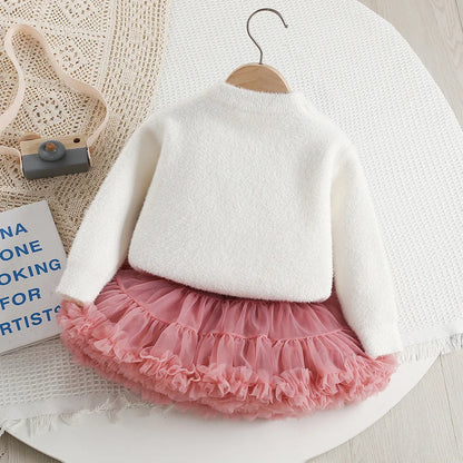 Mädchen Outfit Set mit Bogen Pullover und dünnem Mesh Rock