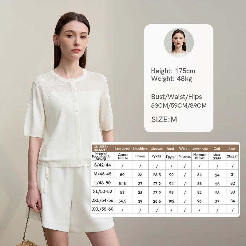 Damen-Strickjacke Viskose Spitzen-Patchwork Kurzarm offen Büro Sommer