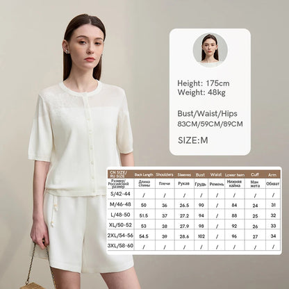 Damen-Strickjacke Viskose Spitzen-Patchwork Kurzarm offen Büro Sommer