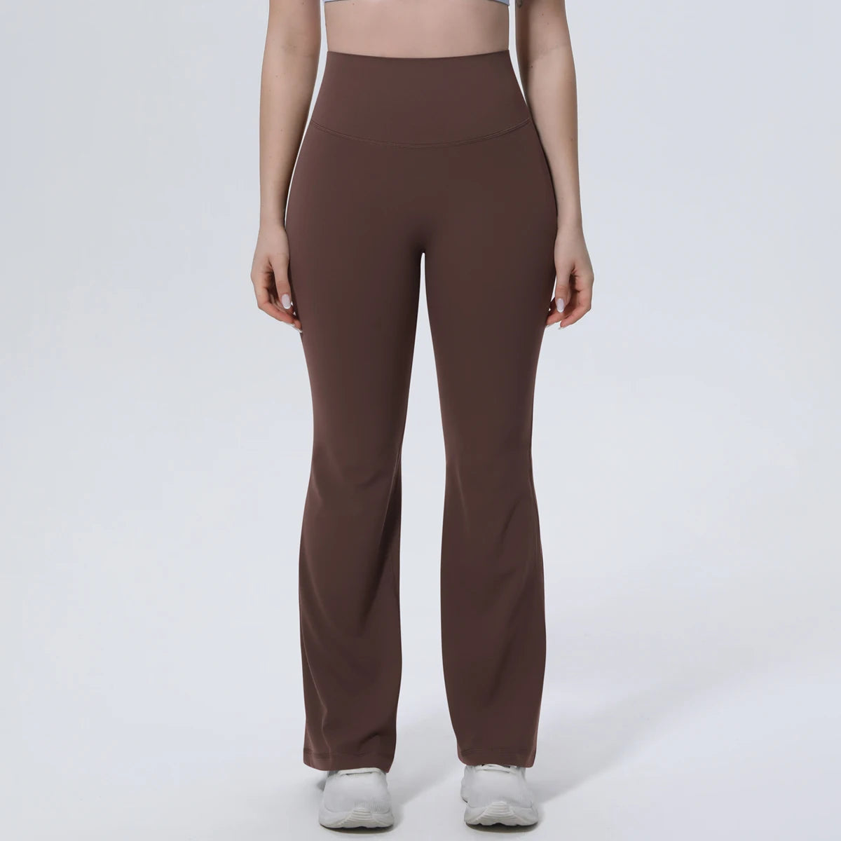 Damen-Sporthose mit hoher Taille, schokobraun, gerades bis weit fallendes Bein