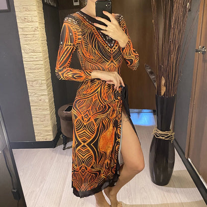 Damen-Badeanzug 3-teilig Print Langarm Sarong-Set gepolstert