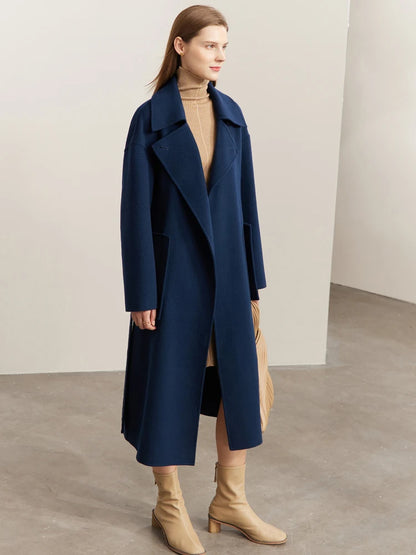 Frauen Mantel aus 100 Prozent Wolle im eleganten Koreanischen Stil mit Gürtel