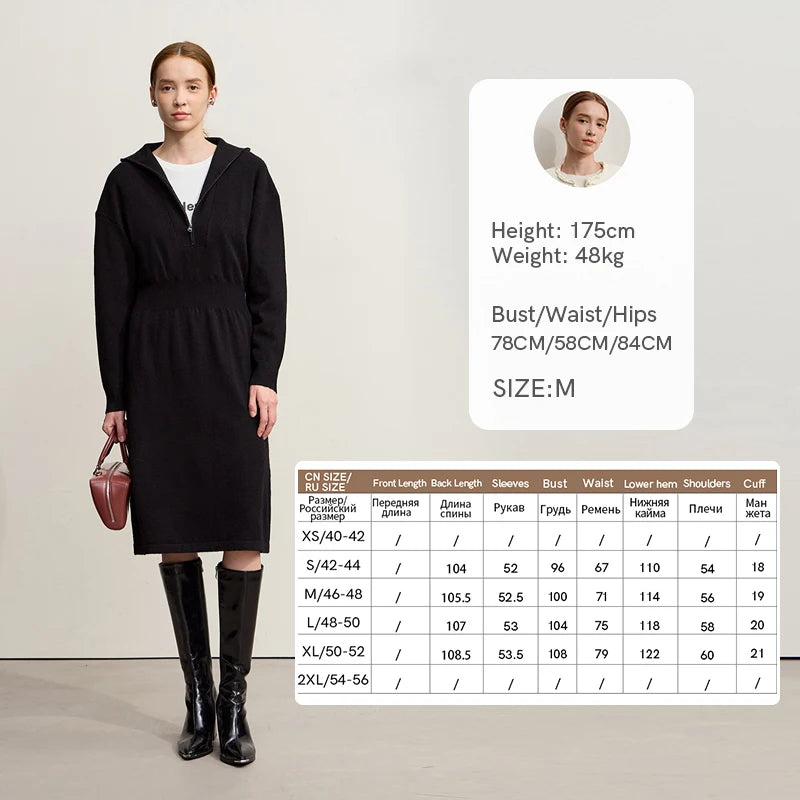 Schwarzes Rollkragenkleid mit Reißverschluss; Größen- und Passformtabelle