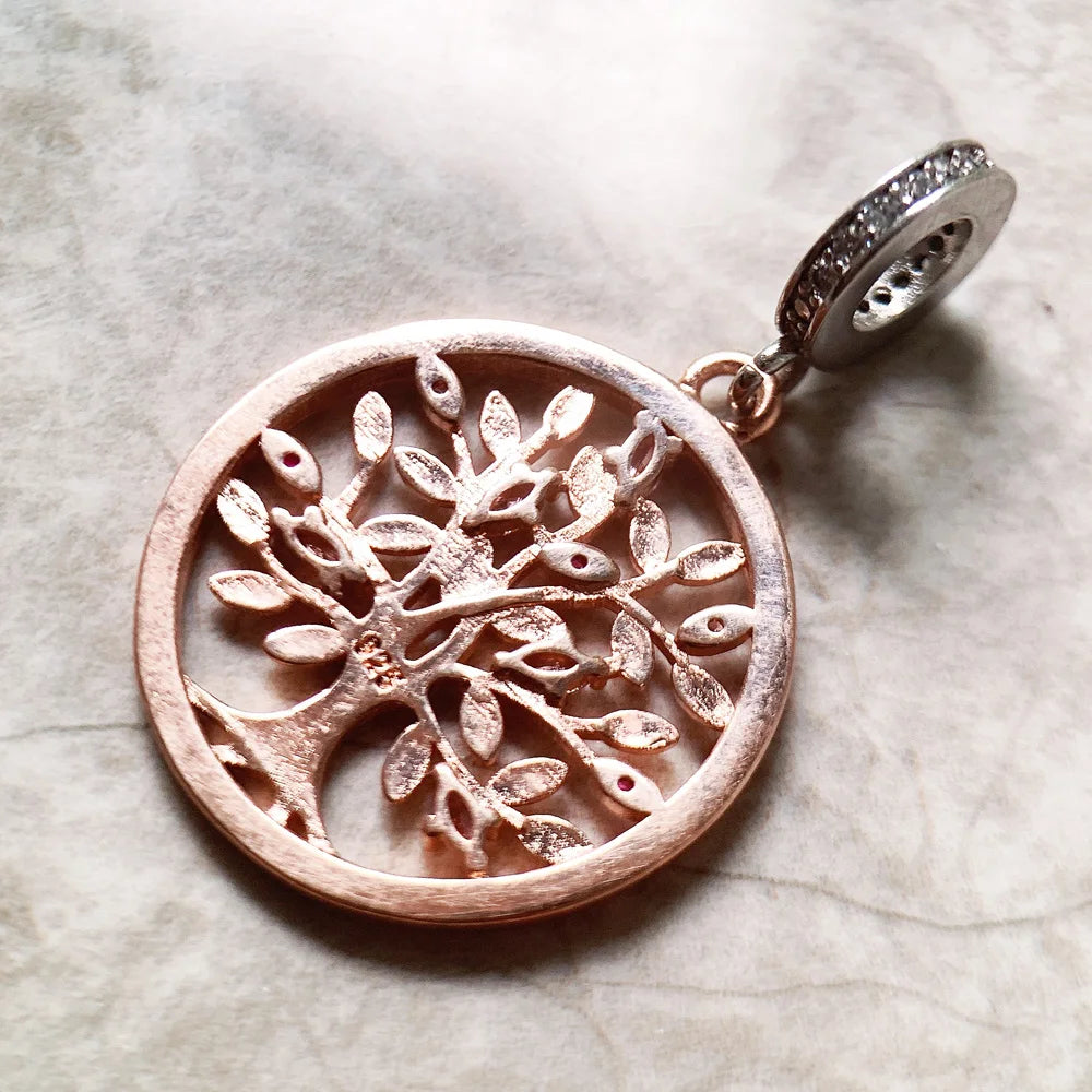 Schmuckanhänger Baum des Lebens, roségoldfarben, runde Öffnung mit lila Steinchen