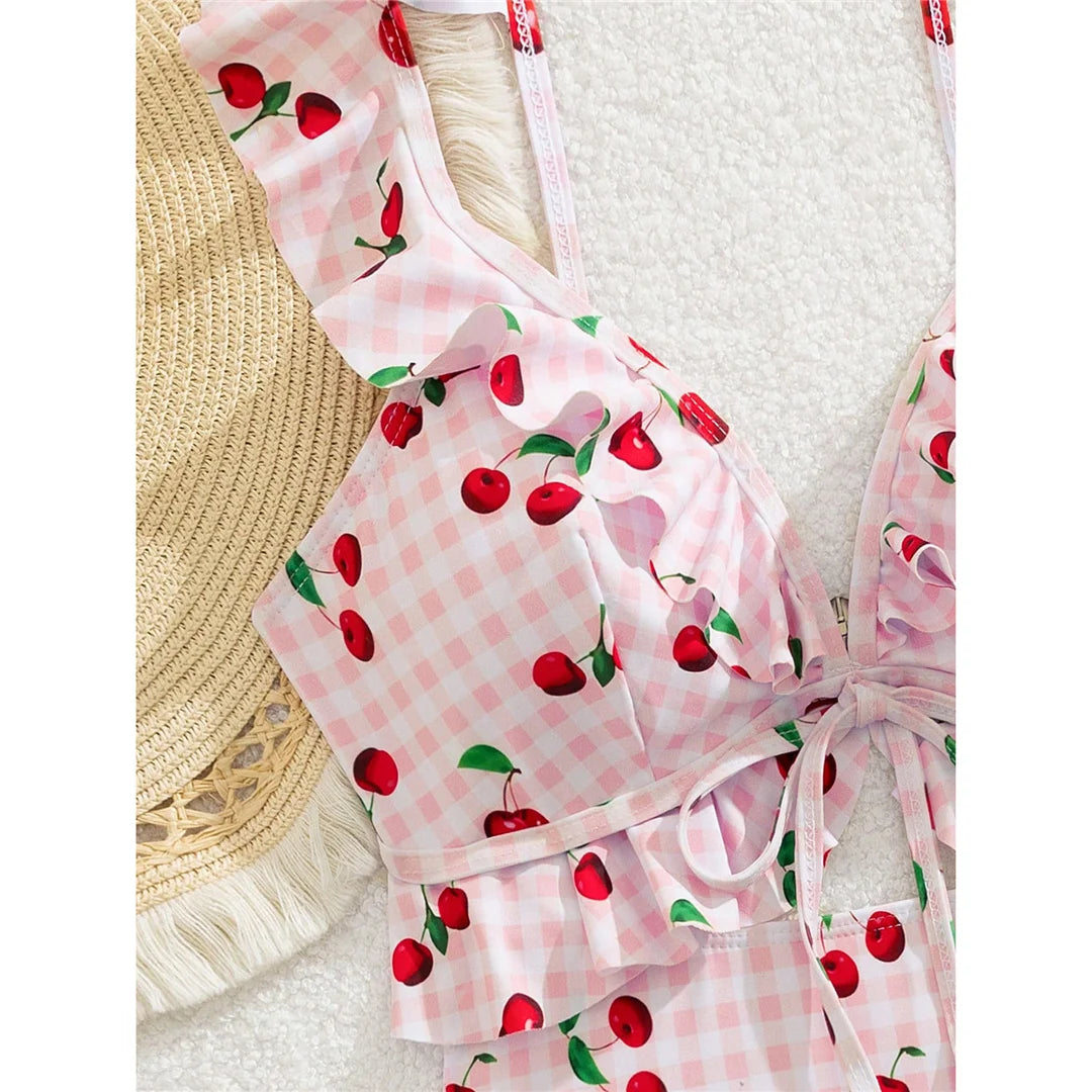 Damen Badeanzug Kirschen Karo Cut-Out Rüschen hoher Beinausschnitt Monokini