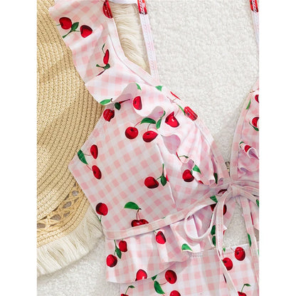 Damen Badeanzug Kirschen Karo Cut-Out Rüschen hoher Beinausschnitt Monokini