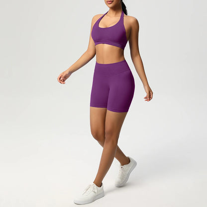 Nahtloses Fitnessset für Damen: Sport-BH und Laufshorts in Lila, Set