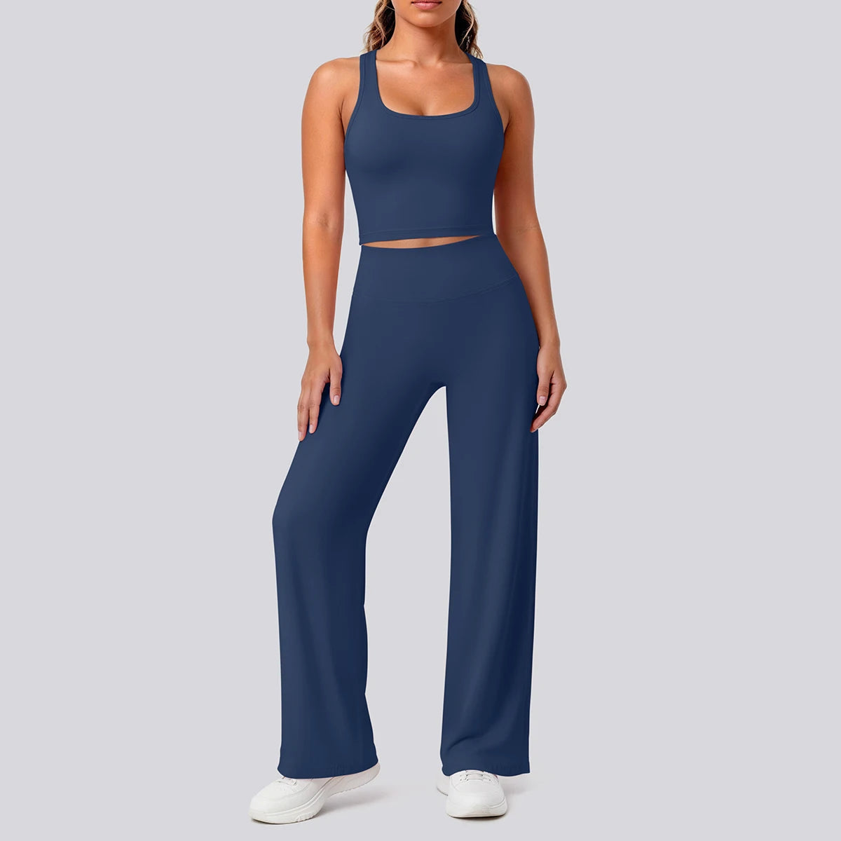 Damen Yoga-Set mit Crop-Top und locker fallender Hose, dunkelblau