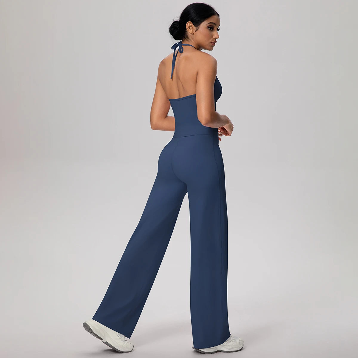 Damen-Yoga-Set rückenfreies Top mit Bindeträgern und weite Hose, navy