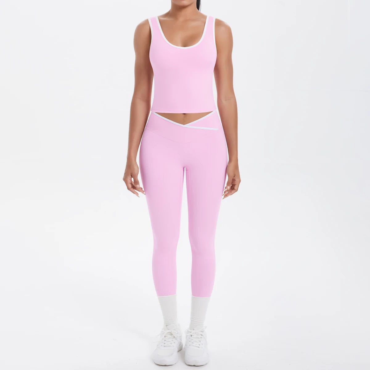 Rosa Damen-Yoga-Set: ärmelloses Top und 3/4-Leggings mit kontrast Einsätzen