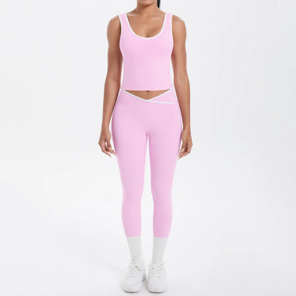 Rosa Damen-Yoga-Set: ärmelloses Top und 3/4-Leggings mit kontrast Einsätzen