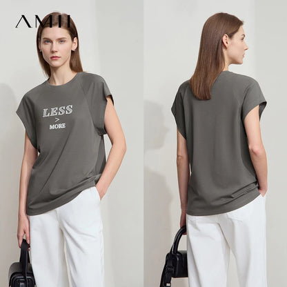 Damen Casual T-Shirt aus loser Seide mit Stickerei und Rundhalsausschnitt