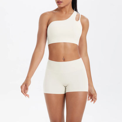 Damen-Yoga-Set: Sport-BH-Top und High-Waist Shorts, atmungsaktiv, hellbeige