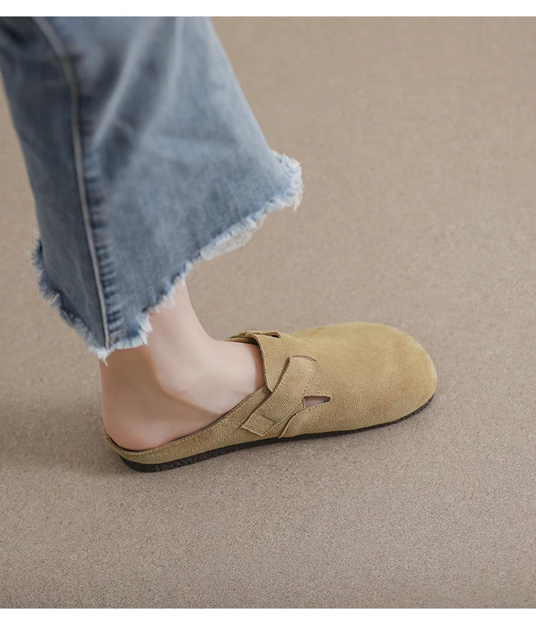 AIYUQI Hausschuhe Frauen Echt Leder 2025, Neue Große Größe 41 42 43 Frauen Sommer Schuhe Retro Oberbekleidung Flache Faule halbe Hausschuhe Frauen