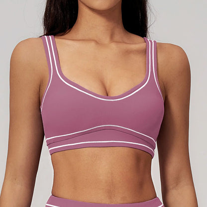 Damen-Yoga-BH, lila-rosa mit weißer Einfassung und breitem Unterbund
