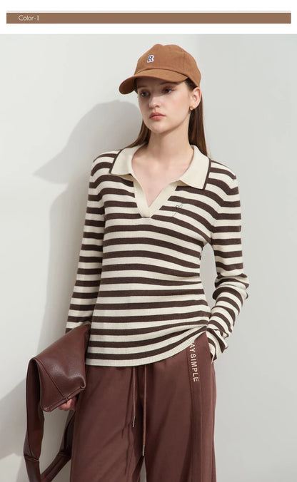 Damen V-Ausschnitt Pullover Streifen Stickerei Polo Kontrastfarben Herbst