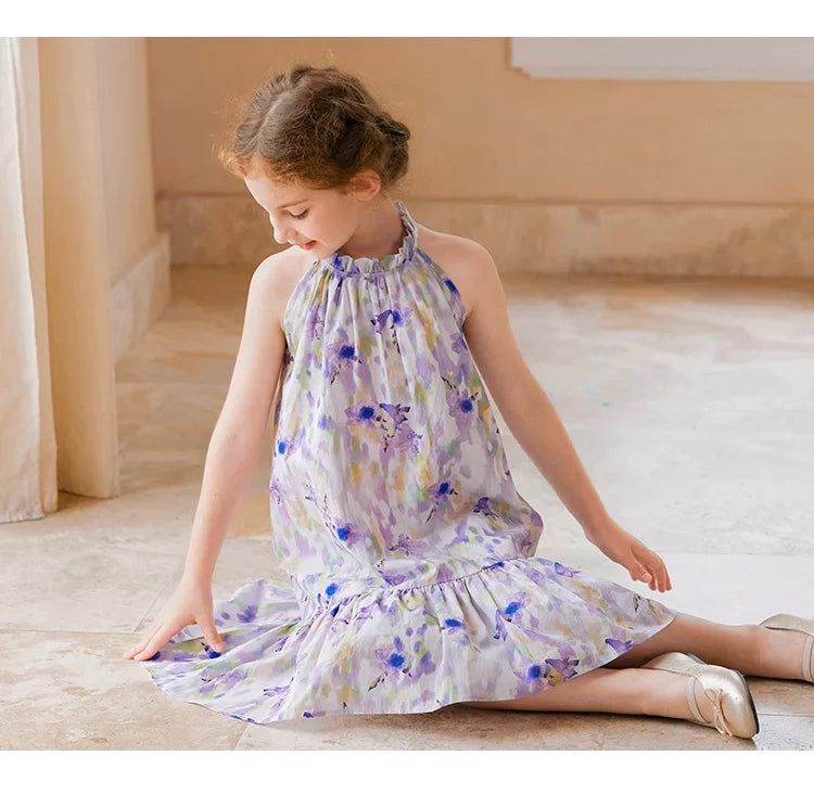 Sommerliches Mädchenkleid aus 100% Baumwolle mit kurzen Ärmeln und Tulpenblumenmuster – niedliche Freizeitkleidung für Kinder von 3 bis 14 Jahren