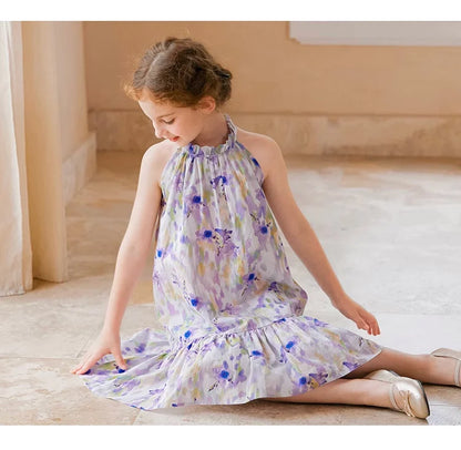 Sommerliches Mädchenkleid aus 100% Baumwolle mit kurzen Ärmeln und Tulpenblumenmuster – niedliche Freizeitkleidung für Kinder von 3 bis 14 Jahren
